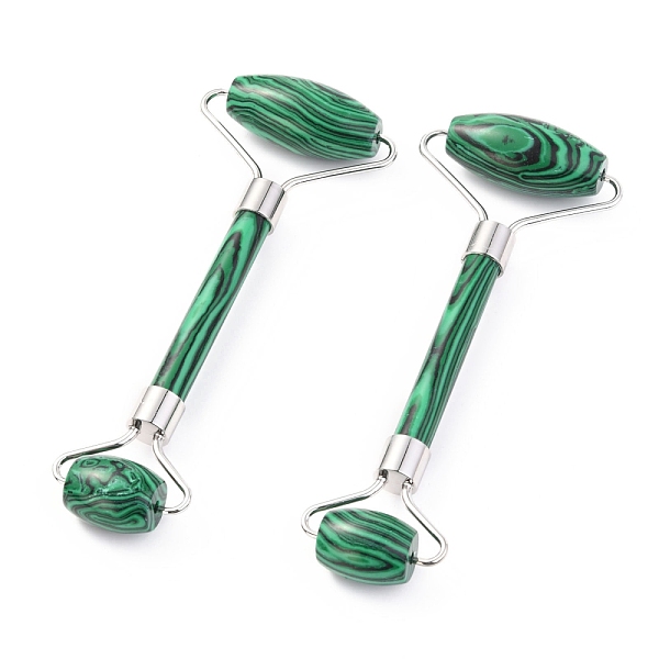 

PandaHall Synthetic Malachite Brass Face Massager, Facial Rollers, Platinum, 142~150x54~58x19~22mm Malachite Others