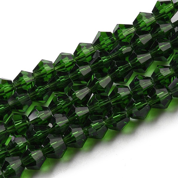 

PandaHall Transparent Glass Beads Strands, Faceted, Bicone, Dark Green, 3x2.5mm, Hole: 0.7mm, about 145~150pcs/strand, 16.34~16.54 inch...