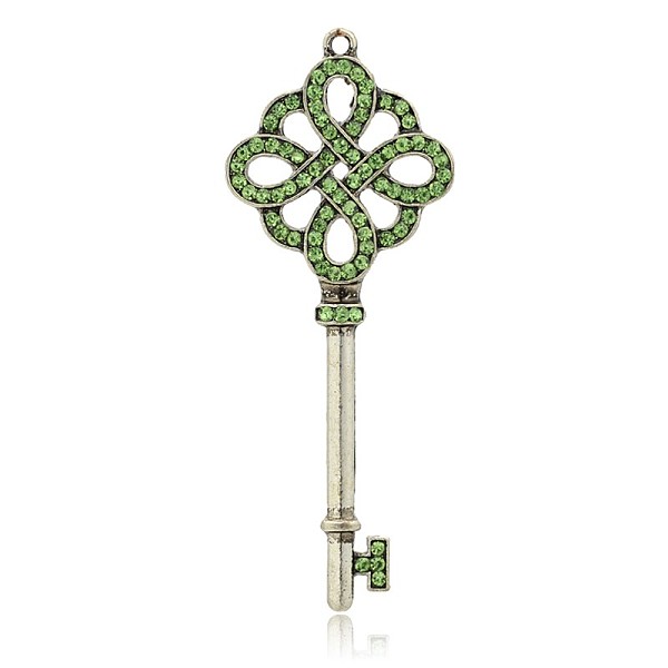 

PandaHall Skeleton Key Antique Silver Plated Alloy Rhinestone Big Pendants, Peridot, 75x30x4mm, Hole: 2mm Alloy+Rhinestone Key Green