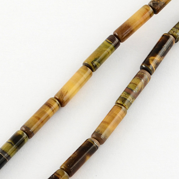 

PandaHall Natural Tiger Eye Stone Beads Strands, Tube, Goldenrod, 13x4~5mm, Hole: 1mm, about 27~30pcs/strand, 15.3 inch Tiger Eye Tube Gold