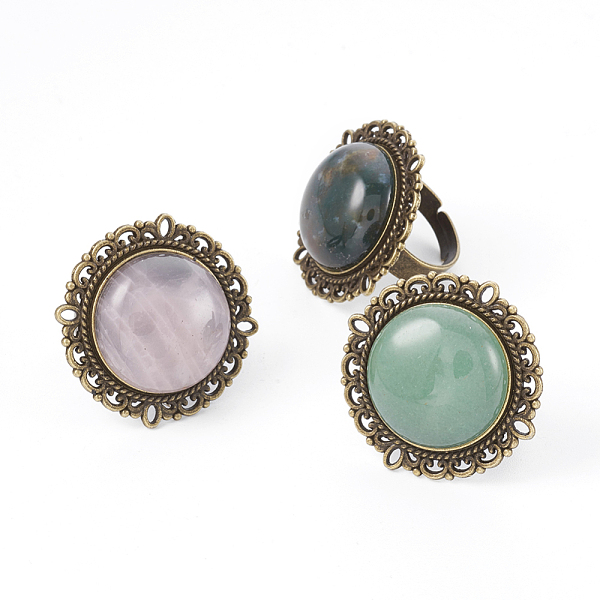 

PandaHall Natural Mixed Gemstone Adjustable Rings, with Iron Finger Ring Components Alloy Cabochon Bezel Settings, Half Round/Dome, Antique...