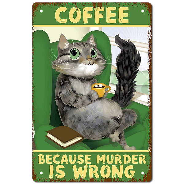 PandaHall CREATCABIN Cat Coffee Tin Sign Vintage Because Murder Is Wrong Metal Tin Sign Retro Poster for Home Kitchen Bathroom Wall Art...
