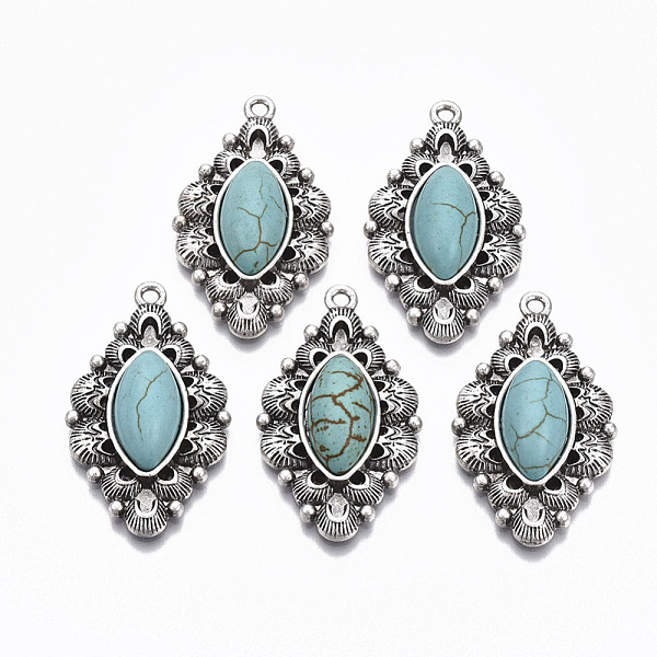 

PandaHall Tibetan Style Alloy Pendants, with Synthetic Turquoise, Cadmium Free & Lead Free, Rhombus Flower, Antique Silver, 37.5x22x7.5mm...