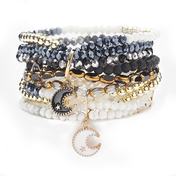 

PandaHall 2Pcs 2 Color Natural Lava Rock & Synthetic Hematite & Shell Beaded Multi-strand Bracelets Set, Enamel Smiling Face Stretch..., Black