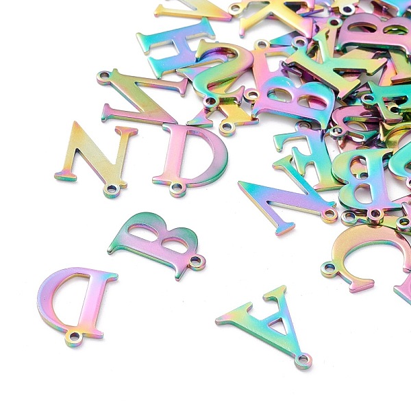 

PandaHall Ion Plating(IP) 304 Stainless Steel Charms, Laser Cut, Alphabet, Rainbow Color, Random Mixed Letters, 12~12.5x5~14x0.7~1mm, Hole...