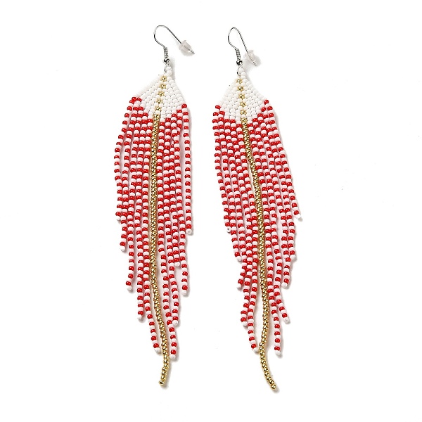 

PandaHall Bohemia Woven Glass Seed Bead Dangle Earrings, Tassel Chandelier Iron Earrings for Women, Red, 140mm Seed Beads Red