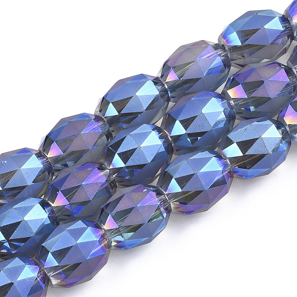 

PandaHall Electroplated Glass Beads Strands, Frosted, Faceted, Oval, Cornflower Blue, 12~13x9.5mm, Hole: 1.5mm, about 50pcs/strand, 25.5...