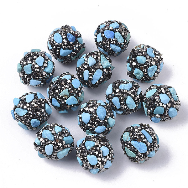 

PandaHall Polymer Clay Rhinestone Beads, with Synthetic Turquoise Chips, Round, 16~18mm, Hole: 1.6mm Synthetic Turquoise Round Black