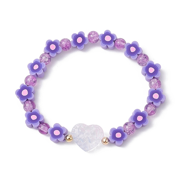 

PandaHall Handmade Flower Polymer Clay Stretch Bracelets, Crackle Glass Heart Beaded Bracelets for Women, Lilac, Inner Diameter: 2-1/8 inch..., Purple