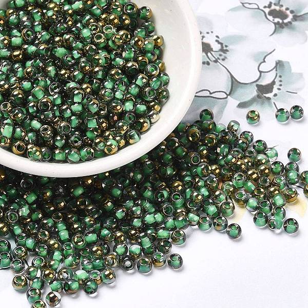 

PandaHall Glass Seed Beads, Half Plated, Inside Colours, Round Hole, Round, Medium Spring Green, 4x3mm, Hole: 1.4mm, 5000pcs/pound Glass