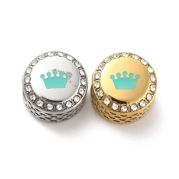 

PandaHall 304 Stainless Steel European Beads, with Enamel & Rhinestone, Large Hole Beads, Golden & Stainless Steel Color, Flat Round with..., Green