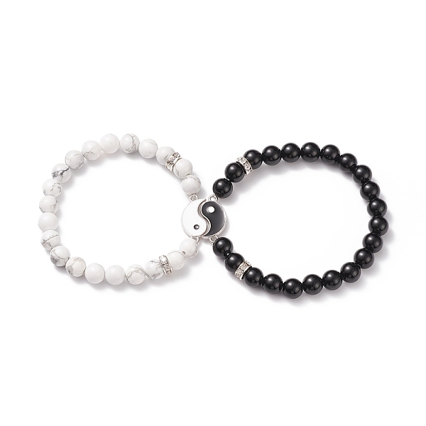 

PandaHall 2Pcs 2 Style Natural Black Agate(Dyed) & Howlite Beaded Stretch Bracelets Set, Alloy Enamel Yin Yang Links Couple Bracelets for...