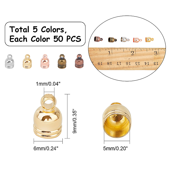 

PandaHall Brass Cord Ends, Hole: 1mm, Mixed Color, 9x6mm, 250pcs/box, Inner Diameter: 5mm Brass