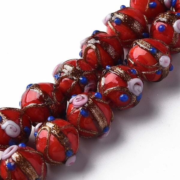 

PandaHall Handmade Gold Sand Lampwork Beads Strands, Round with Flower, Red, 13~15x11~13mm, Hole: 1.6mm, about 45pcs/strand, 20.47...
