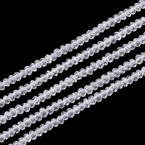 

PandaHall Glass Beads Strands, Faceted, Rondelle, Clear, 2~2.5x1~1.5mm, Hole: 0.5mm, about 165~170pcs/strand, 11.81 inch~12.20 inch(30~31cm)...