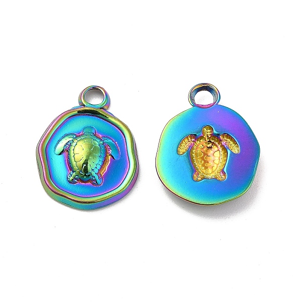 

PandaHall Ion Plating(IP) 304 Stainless Steel Pendants, Flat Round with Tortoise Charm, Rainbow Color, 16.5x13x2.5mm, Hole: 2mm 304...