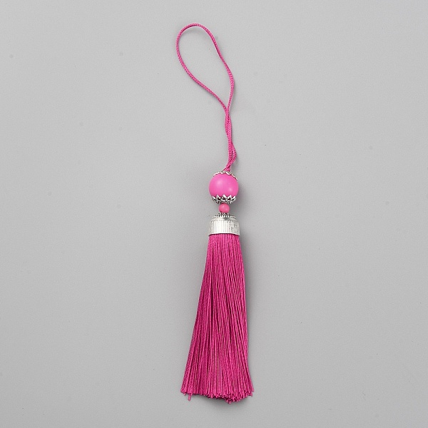 

PandaHall Polyester Tassel Big Pendants Decorations, with Acrylic Beaded and Platinum Alloy Findings, Camellia, 188mm Polyester Pink