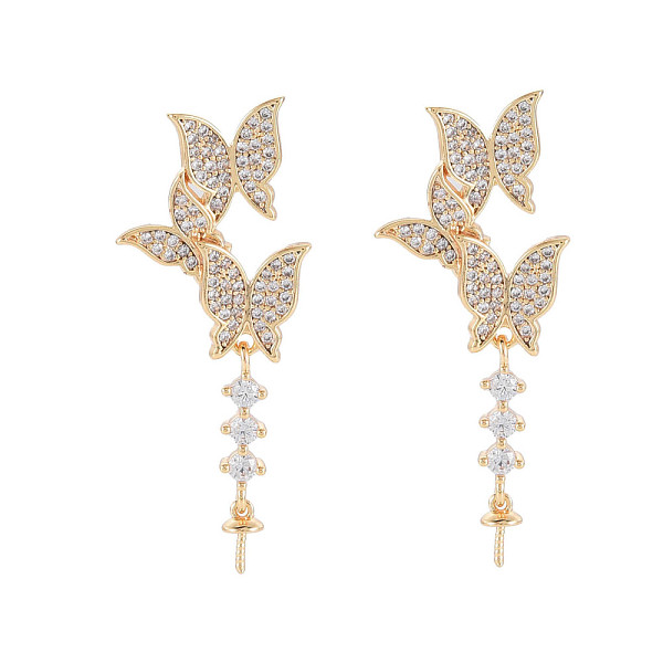 

PandaHall Brass Micro Pave Clear Cubic Zirconia Stud Earring Findings, for Half Drilled Beads, Nickel Free, Butterfly, Real 18K Gold Plated...