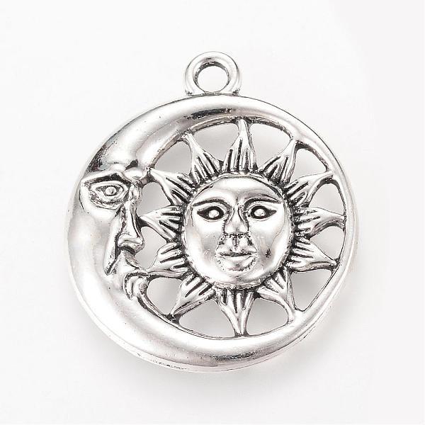 

PandaHall Tibetan Style Alloy Pendants, Flat Round with Sun & Moon, Cadmium Free & Lead Free, Antique Silver, 30x26.5x3mm, Hole: 2.5mm...