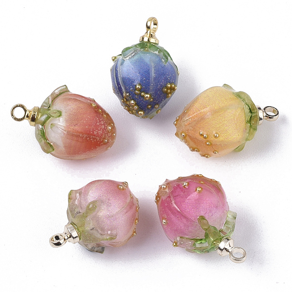 Handmade Flower Epoxy Resin Pendants, with Brass Peg Bails and Glass Micro Beads, Bud, Golden, Mixed Color, 14-15x9-10x9-10mm, Hole: 1.2mm