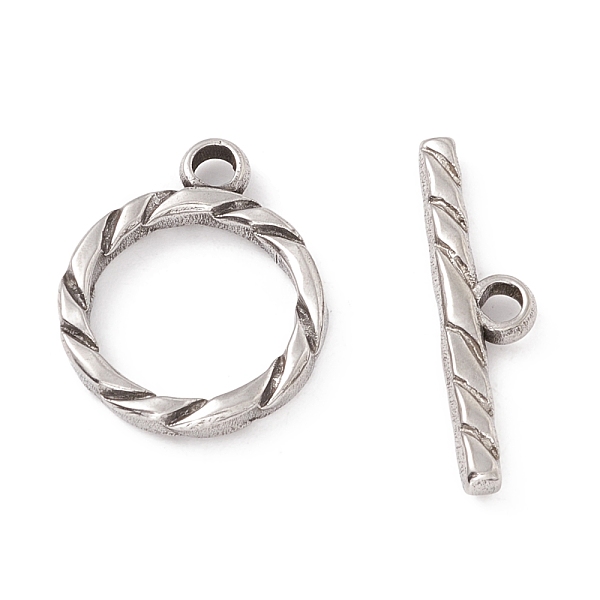 PandaHall 304 Stainless Steel Toggle Clasps, Twisted Pattern Round Ring, Stainless Steel Color, Round: 19x16x2.5mm, Hole: 2.5mm, T-bar...