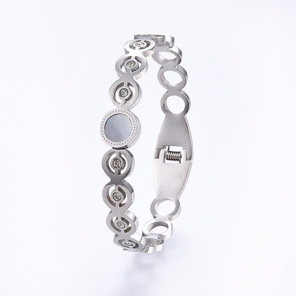 

PandaHall 304 Stainless Steel Bangles, with Rhinestone and Shell, Flat Round, Stainless Steel Color, 2-3/8 inch(5.9cm)x2 inch(5cm), 9~11mm..., White