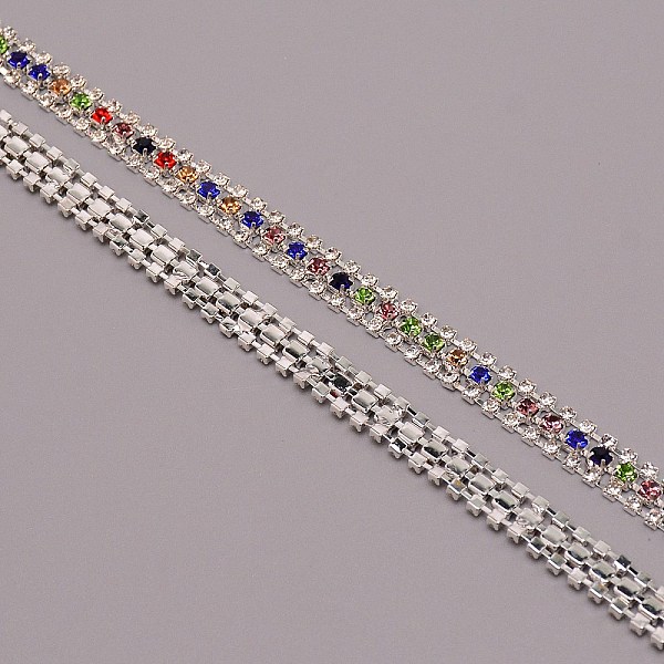 

PandaHall 3 Rows Rhinestone Mesh Trimming, Brass Rhinestone Cup Chain, Flat, Silver, Mixed Color, 8x3mm, about 10 yards/bag Brass+Rhinestone..., Multicolor