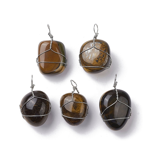 

PandaHall Natural Tiger Eye Copper Wire Wrapped Pendants, Nuggets Charms, Platinum, 29.5~37x14~22x9.5~17.5mm, Hole: 2.2mm Tiger Eye Nuggets