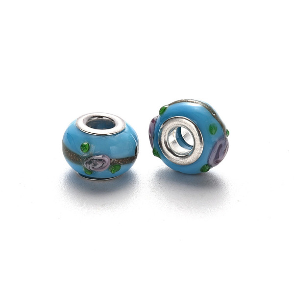 

PandaHall Handmade Lampwork European Beads, Large Hole Rondelle Beads, Bumpy Lampwork, with Glitter Powder and Platinum Tone Brass Double...