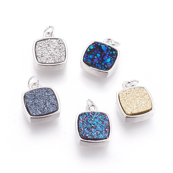 

PandaHall Druzy Resin Pendants, with Brass Finding, Square, Platinum, Mixed Color, 16x12.5x4~6mm, Hole: 3mm Brass+Resin Square Multicolor