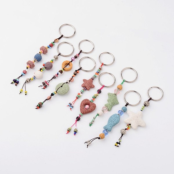 

PandaHall Natural Lava Rock Beads Keychain, with Iron Ring and Alloy Findings, Mixed Color, 135~170mm Alloy Multicolor