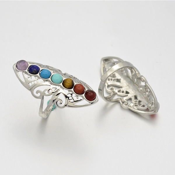 

PandaHall Chakra Jewelry Vintage Filigree Brass Gemstone Wide Band Rings, Lead Free & Nickel Free, Platinum, 19mm Mixed Stone Multicolor