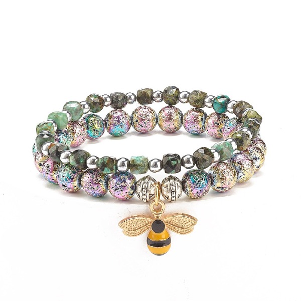 

PandaHall 2Pcs 2 Style Natural African Turquoise & Lava Rock & Synthetic Hematite Stretch Bracelets Set with Alloy Ennmel Bee, Gemstone...