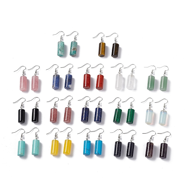 

PandaHall Gemstone Cylindrical Dangle Earrings, Platinum Brass Jewelry for Women, 42mm, Pin: 0.7mm Mixed Stone