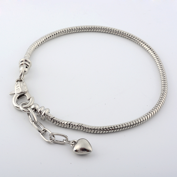 

PandaHall Brass European Style Bracelets For Jewelry Making, with Lobster Claw Clasp and Heart Charms, Platinum, 200x3mm Brass