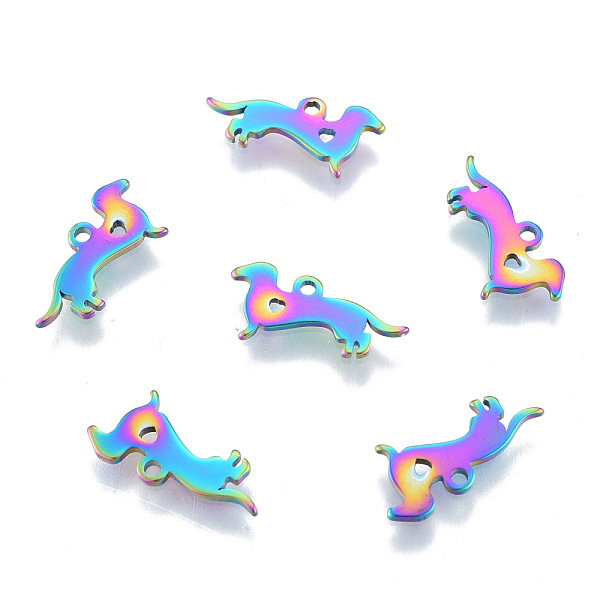 

PandaHall Ion Plating(IP) 201 Stainless Steel Silhouette Charms, Dog, Rainbow Color, 7x15x1mm, Hole: 1.2mm 201 Stainless Steel Dog