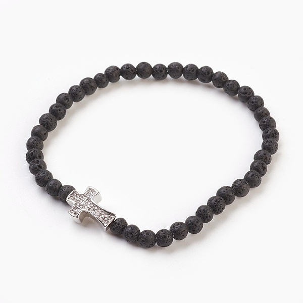 

PandaHall Natural Lava Rock Beads Stretch Bracelets, with Brass Micro Pave Cubic Zirconia Cross Beads, 2-1/8 inch(5.5cm) Lava Rock Black