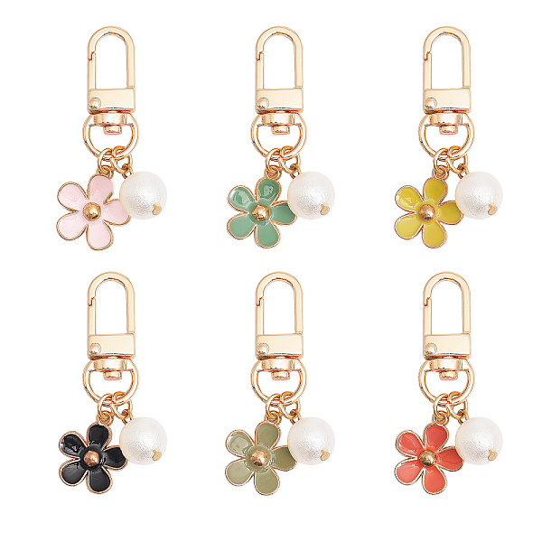 GLOBLELAND 6Pcs Flower Car Key Chain Sparkling Key Ring Flower Alloy Enamel Pendant Keychain With Pearl Charm For Women Bling Purse Charms...