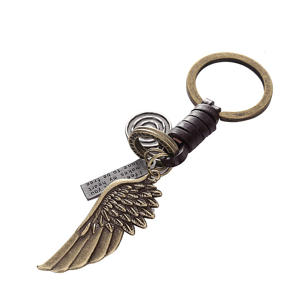 

PandaHall Punk Style Woven Cow Leather Alloy Pendant Keychain, for Car Key Pendant, Wing Pattern, 12cm Leather Wing