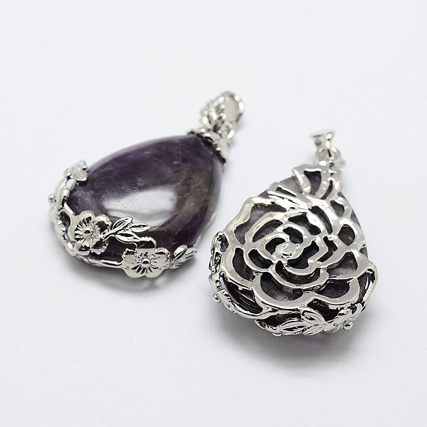 

PandaHall Natural Amethyst Pendants, with Brass Findings, teardrop, Platinum, 40.5x27x8.5mm, Hole: 4x6.5mm Amethyst Teardrop
