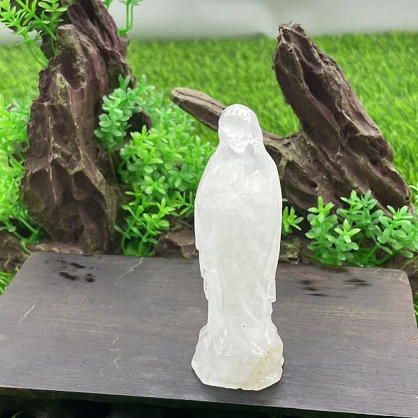 

PandaHall Natural Quartz Crystal Carved Healing Virgin Mary Figurines, Reiki Energy Stone Display Decorations, 100mm Quartz Crystal Human