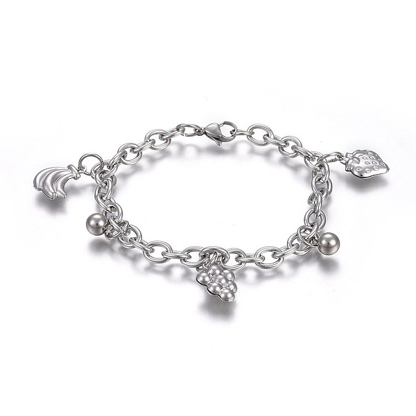 

PandaHall 304 Stainless Steel Charm Bracelets, with 201 Stainless Steel Ring, with Lobster Claw Clasps, Banana & Grape & Strawberry...