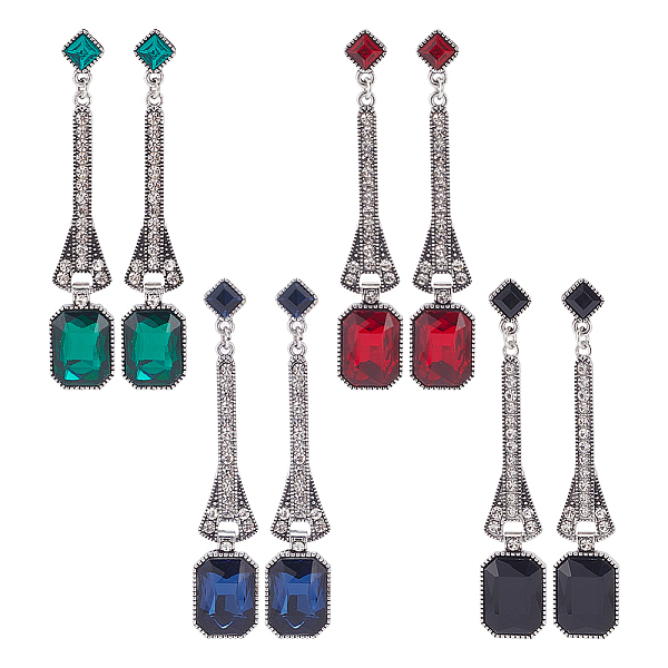 

PandaHall ANATTASOUL 4 Pairs 4 Colors Rhinestone Rectangle Dangle Stud Earrings, Antique Silver Alloy Long Drop Earrings with 316 Stainless..., Multicolor