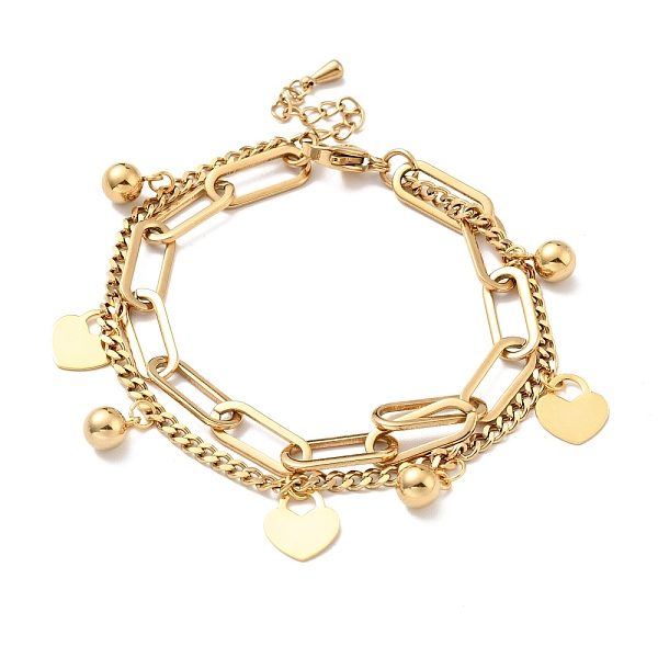 

PandaHall Heart Padlock and Round Ball Charm Multi-strand Bracelet, Vacuum Plating 304 Stainless Steel Double Layered Chains Bracelet for...