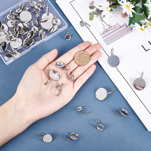 

PandaHall Unicraftale 56Pcs 4 Style 304 Stainless Steel Leverback Earring Findings, with Flat Round Setting for Cabochon, Stainless Steel...