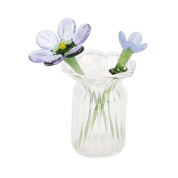 Juego de flores y jarrones de cumpleaños hechos a mano con lampwork para exhibición de mesa.
