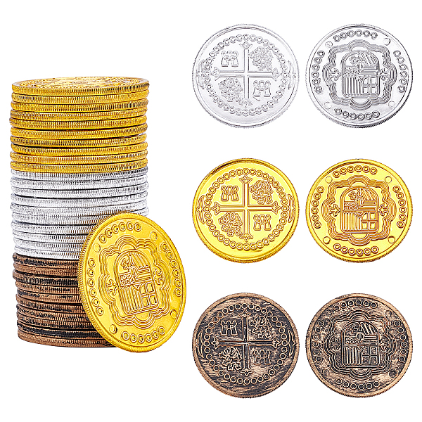 PandaHall CHGCRAFT 150Pcs 3Colors Pirate Plastic Gold Colored Coins Bronze Silver Board Game Coin Jewelry Playset Activity Game Piece Pack...