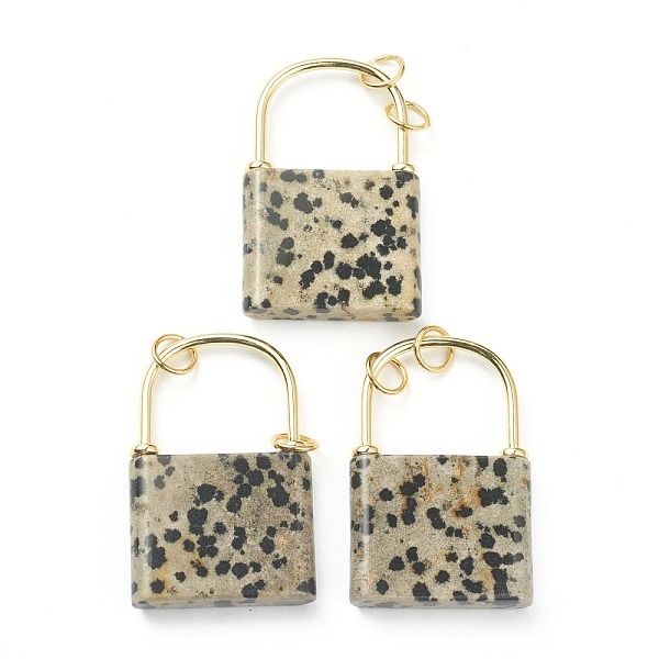 

PandaHall Natural Dalmatian Jasper Pendants, with Golden Plated Brass Findings, Lock, 46.5~47x30x7mm, Hole: 6mm Dalmatian Jasper Lock