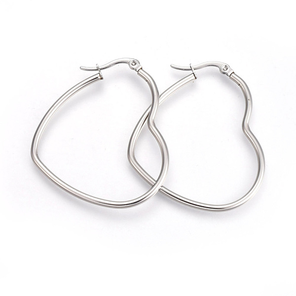 

PandaHall 201 Stainless Steel Hoop Earrings, with 304 Stainless Steel Pin, Heart, Stainless Steel Color, 34~37x41~43mm, 12 Gauge, Pin: 1mm...