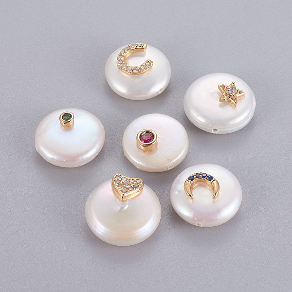 

PandaHall Natural Cultured Freshwater Pearl Beads, with Brass Cubic Zirconia Findings, Flat Round, Golden, 13.5~15x6~7mm, Hole: 0.8mm Pearl..., Multicolor